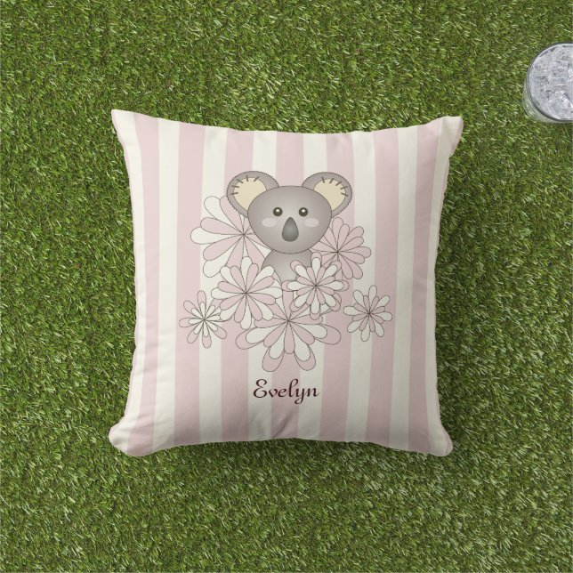 Pastel Pink Stripe Cute Baby Koala Bear Girl Throw Pillow (Grass)
