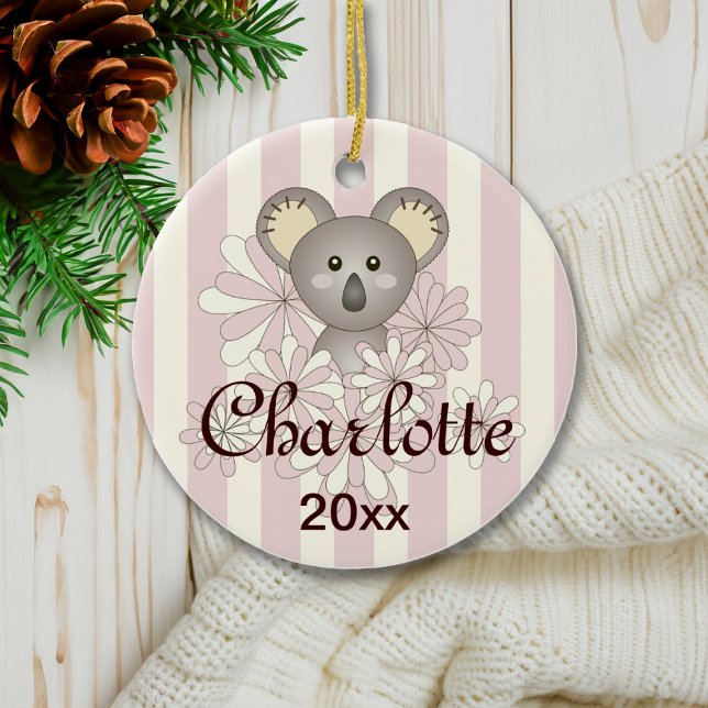 Pastel Pink Stripe Cute Baby Koala Girl Christmas Ceramic Ornament (Creator Uploaded)