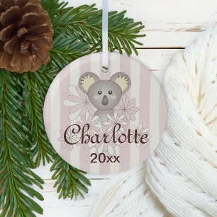 Pastel Pink Stripe Cute Baby Koala Girl Glass Ornament