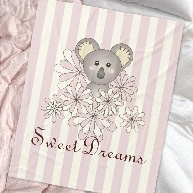 Pastel Pink Stripe Cute Baby Koala Girls Kids Fleece Blanket (Creator Uploaded)