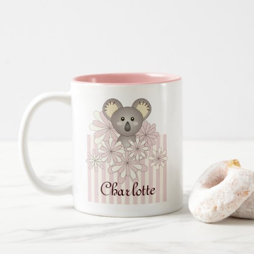 Pastel Pink Stripe Cute Baby Koala Girls Kids Name Two_Tone Coffee Mug