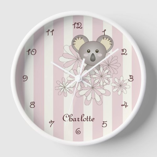 Pastel Pink Stripe Cute Baby Koala Kids Girl Room Clock