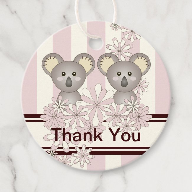 Pastel Pink Stripe Girl Baby Twin Koalas Thank You