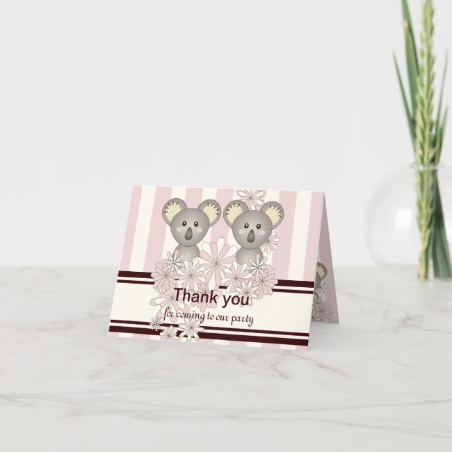 Pastel Pink Stripe Koala Girl Twins Thank You Card