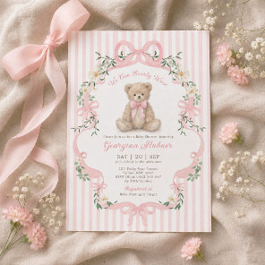 Pastel Pink Stripe Teddy Bear Girl Baby Shower Invitation