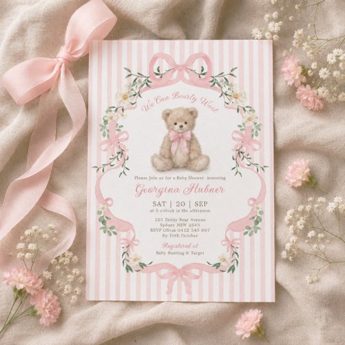 Pastel Pink Stripe Teddy Bear Girl Baby Shower Invitation