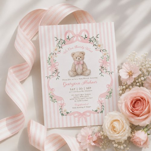 Pastel Pink Stripe Teddy Bear Girl Baby Shower Invitation