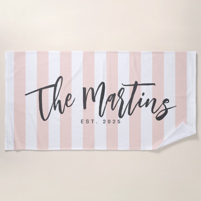 Pastel Pink Striped Beach Towel, Newlyweds Gift Beach Towel (Front)