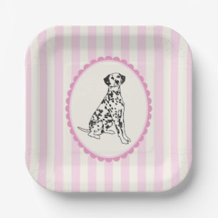 Pastel Pink Stripes and Black Dog Illustration Paper Plates