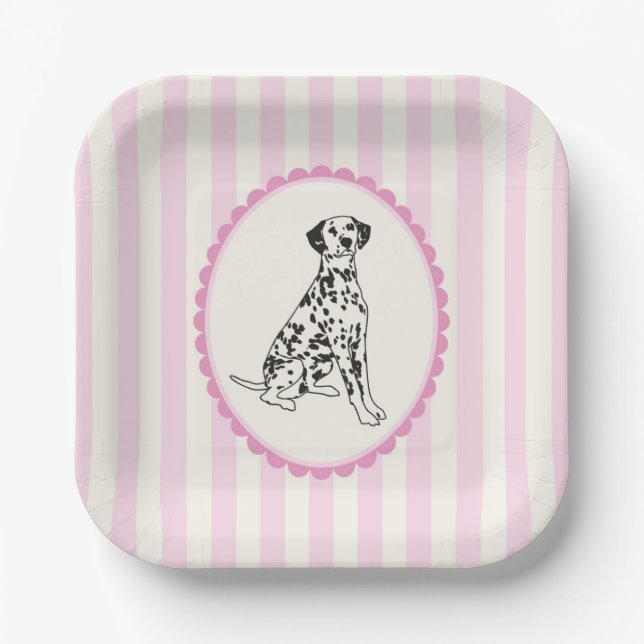 Pastel Pink Stripes and Black Dog Illustration Paper Plates (Front)