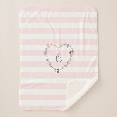 Pastel Pink Stripes Floral Heart Monogram Sherpa Blanket