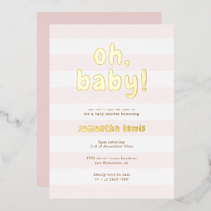 Pastel Pink Stripes Oh Baby Girl Shower Gold Foil Invitation