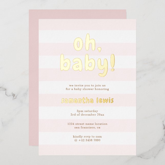Pastel Pink Stripes Oh Baby Girl Shower Gold Foil Invitation (Front/Back)