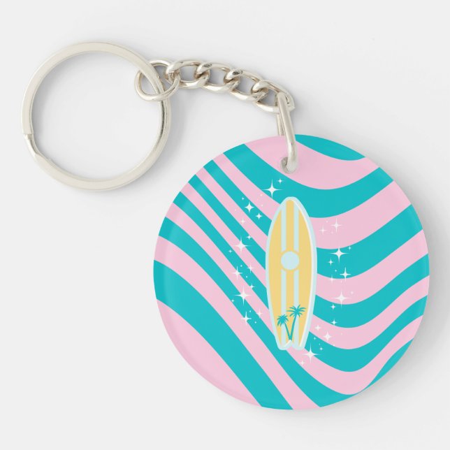 Pastel Pink Surfboard, Beach Art, Tropical Vibes Keychain (Front)