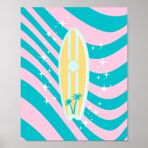 Pastel Pink Surfboard, Beach Art, Tropical Vibes Poster