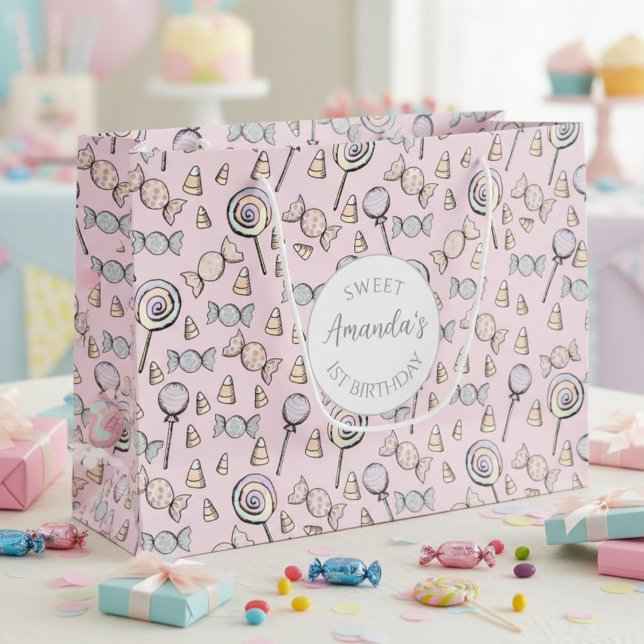 Pastel Pink Sweet One Candy Pattern 1st Birthday Large Gift Bag (Candy Sweet One 1st Birthday Pastel Pink Gift Bag. Cute Lollipop & Candy Halloween Kids Gift Wrap)
