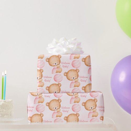 Pastel pink sweet teddy bear baby shower wrapping paper