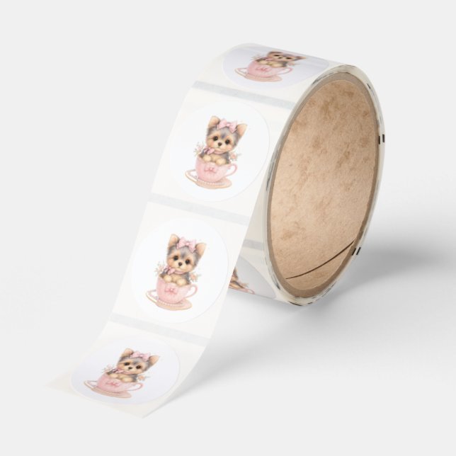 Pastel Pink Teacup Yorkie Sticker Roll   (Roll)