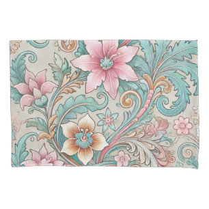 Pastel Pink Teal Boho Indonesian Batik Floral  Pillow Case