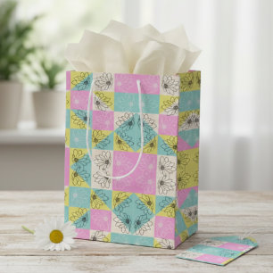 Pastel Pink Teal & Cream Checkered Floral Pattern Medium Gift Bag