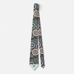 Pastel pink teal flower Vintage Floral Monogram dd Neck Tie