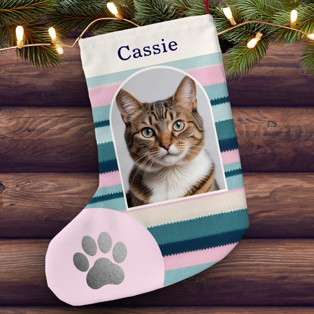 Pastel Pink Teal Pet Cat Paw Print Custom Photo Small Christmas Stocking (A pink and teal striped Christmas stocking, personalized with pet cat's photo and name)