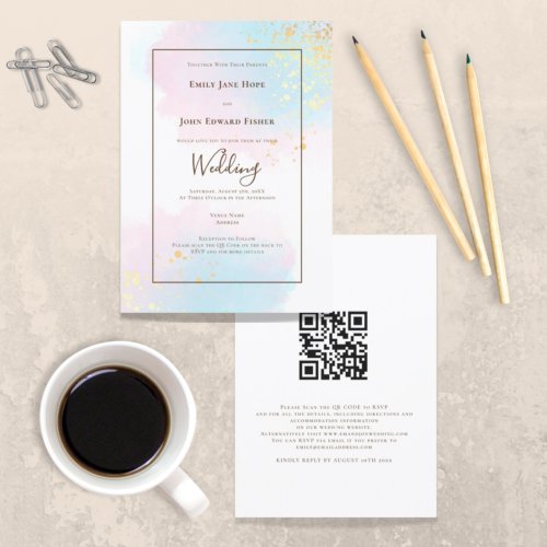 Pastel Pink Teal Watercolor Gold QR Code Wedding Invitation