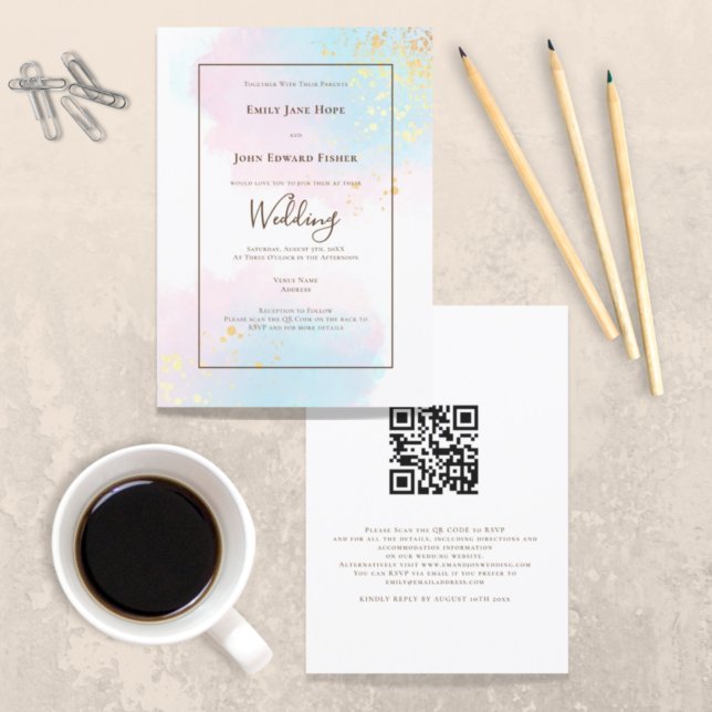 Pastel Pink Teal Watercolor Gold QR Code Wedding Invitation (Creator Uploaded)