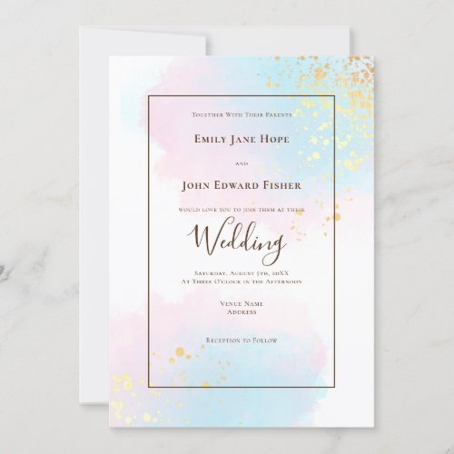 Pastel Pink Teal Watercolor Gold Splashes Wedding Invitation