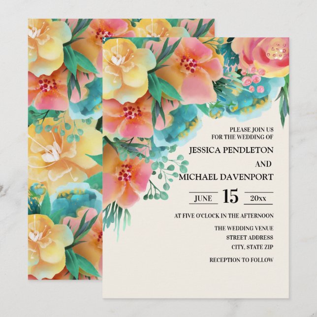 Pastel Pink Teal Yellow Floral Wedding Invitation (Front/Back)