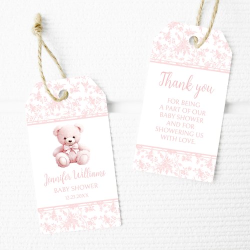 Pastel pink teddy bear baby girl shower thank you gift tags