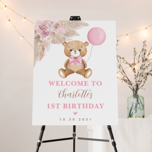 Pastel Pink Teddy Bear Boho 1st Birthday Welcome Foam Board