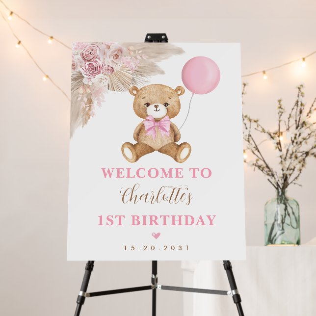 Pastel Pink Teddy Bear Boho 1st Birthday Welcome Foam Board (In Situ (Stand))
