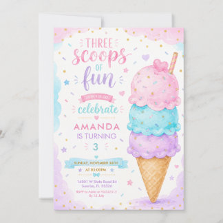 Pastel Pink Three Scoops Of Fun 3rd Birthday Party Invitation