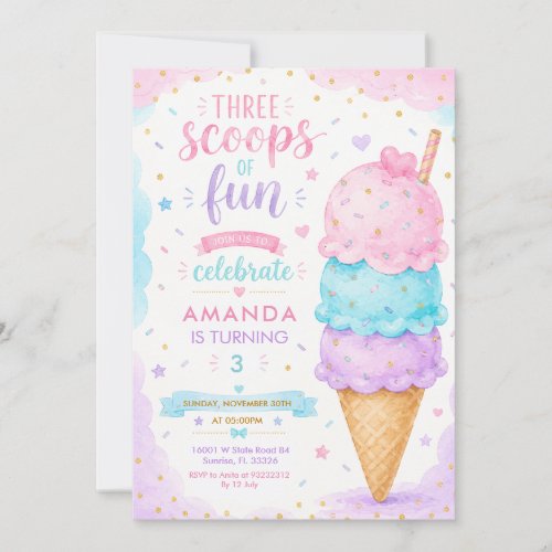 Pastel Pink Three Scoops Of Fun 3rd Birthday Party Invitation