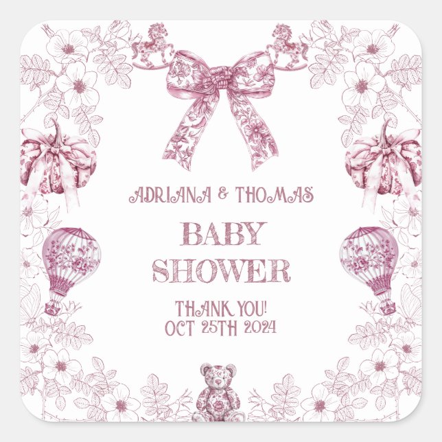 Pastel Pink Toile Preppy Baby Shower Square Sticker (Front)