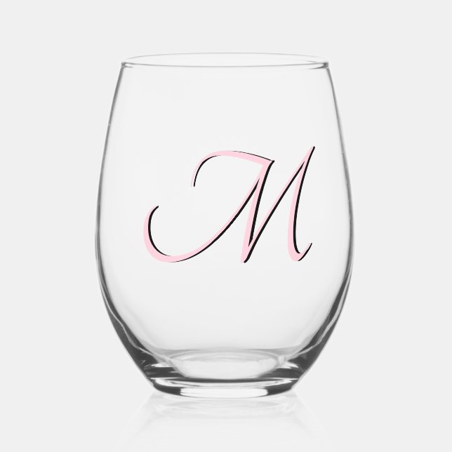 Pastel Pink Trendy Elegant Monogram Initial Letter Stemless Wine Glass (Front)