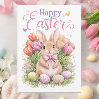 Pastel Pink Tulips Easter Bunny Happy Easter Holiday Card