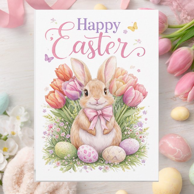 Pastel Pink Tulips Easter Bunny Happy Easter Holiday Card (Creator Uploaded)