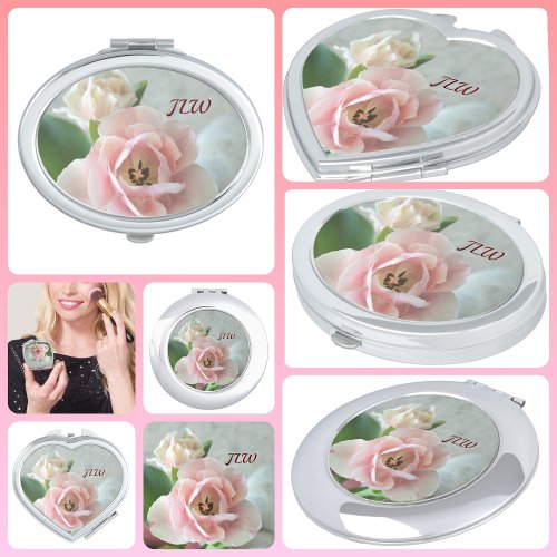 Pastel Pink Tulips Feminine with Initials Compact Mirror