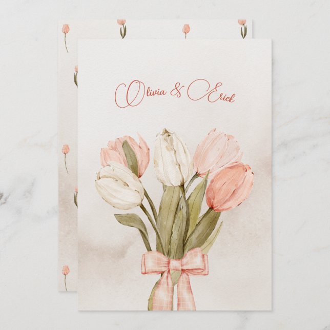 Pastel pink Tulips flowers bow wedding Invitation (Front/Back)