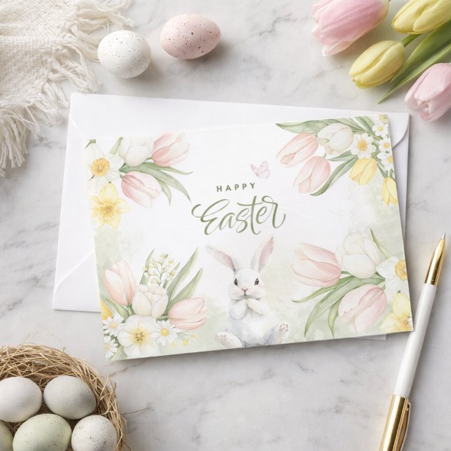 Pastel Pink Tulips Spring Floral Happy Easter Holiday Card (Creator Uploaded)