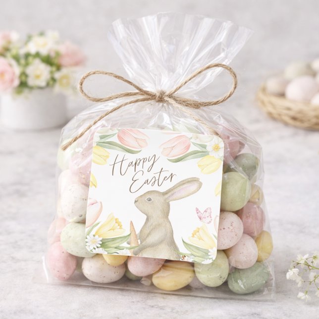 Pastel Pink Tulips & Yellow Daffodils Happy Easter Square Sticker (Creator Uploaded)