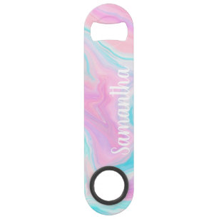 Pastel pink turquoise abstract marble name bar key