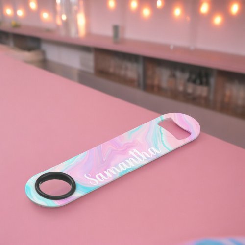 Pastel pink turquoise abstract marble name bar key