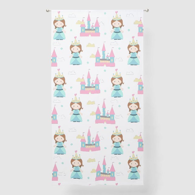 Pastel Pink Turquoise Princess Castle Nursery Sheer Curtains (Front)