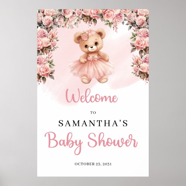 Pastel pink Tutu ballerina girl teddy bear Welcome Poster (Front)