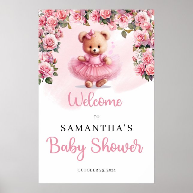 Pastel pink Tutu ballerina girl teddy bear Welcome Poster (Front)