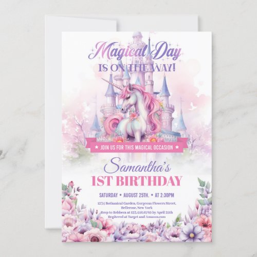 Pastel Pink Unicorn and Fairy Castle 1st Birthday Invitation