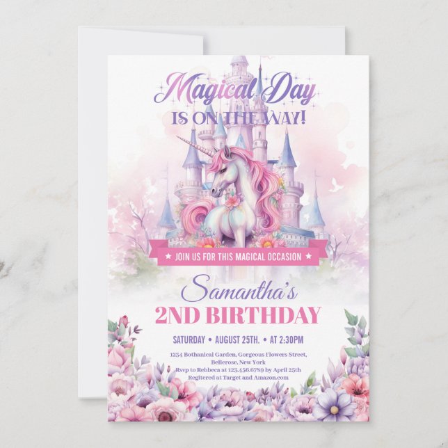 Pastel Pink Unicorn and Fairy Castle 2nd Birthday Invitation (Front)